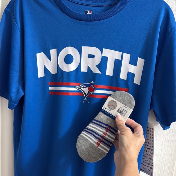 Blue Jays Genuine Merch Tops - 🇨🇦Combo🇨🇦Toronto Blue Jay T-shirt and Socks “Stand Strong for the North” NWT